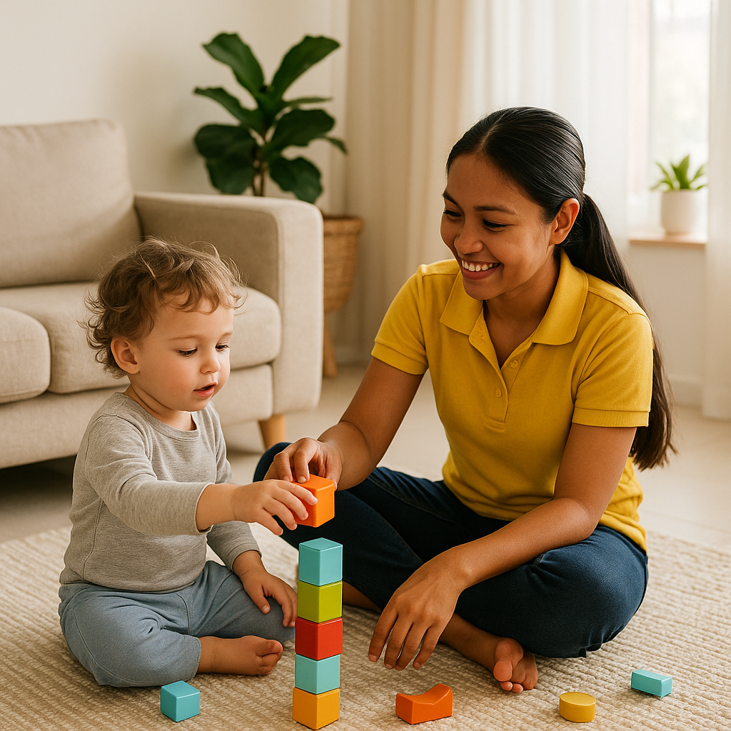 Nanny playing with a toddler in a bright Dubai living room