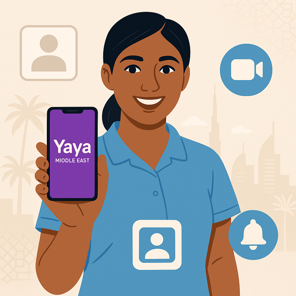 Smiling woman holding a smartphone displaying the Yaya Middle East app with a purple screen, surrounded by icons for profile, video, and notifications. In the background, there are Dubai skyline elements, palm trees, and Arabic patterns, representing the job search process for domestic workers in the UAE.