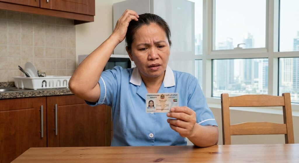 Illustration of a nanny holding a child next to ID documents "Can I Hire a Nanny on a Freelance Visa in Dubai